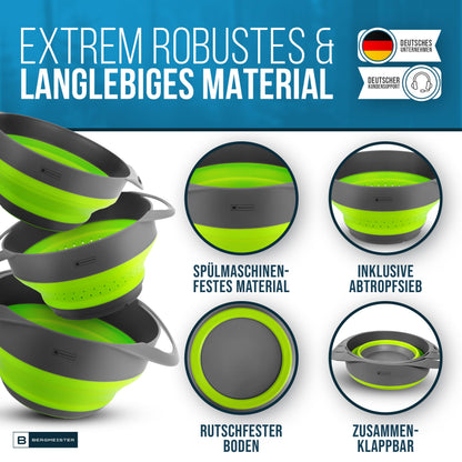 Bergmeister® Foldable Bowl Set 3in1 with Colander 1.7L / 2.8L Multifunctional Dishwasher Safe Space-saving for every home and outdoor camping kitchen