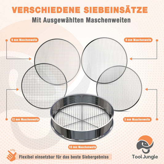 Tool Jungle- Stainless steel garden sieve - includes 5 sieve inserts Ø 3.5, 8, 9, 12mm - Compost sieve weatherproof - with additional crossbar for more stability.