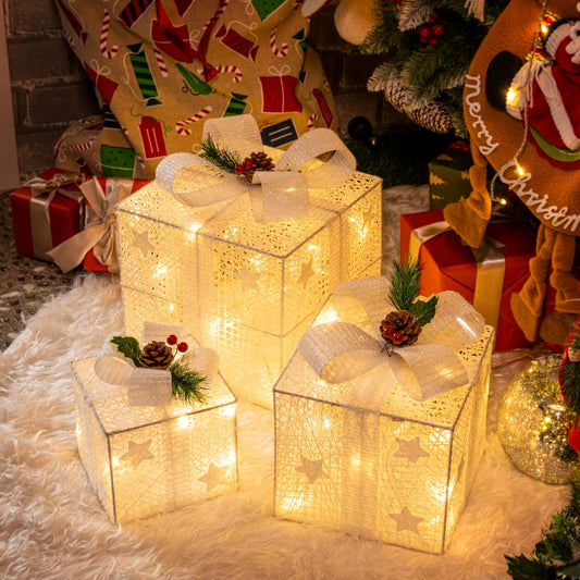 GIGALUMI LED Gift Box 3-Piece Set Christmas, 8 Modes 60 LED Glow Christmas Box, String Lights Lightbox with Plug for Indoor, White Christmas Decoration Xmas Decor Warm White