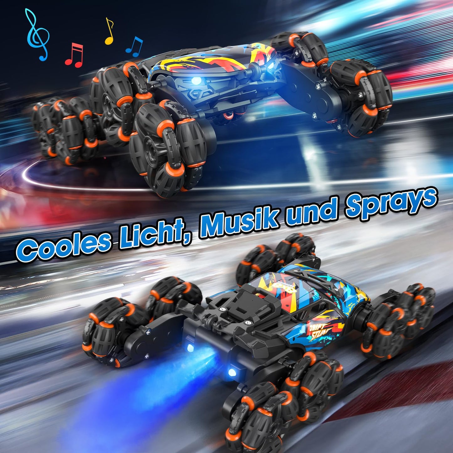 AYIQUTY Remote Control Car, Remote Control Car for 3 4 5 6 7 8 9 10 years old, 8WD Stunt and Hand Control, RC Drift with LED Light, Music, and Spray, RC Toy Gift for 3-12 years old boys