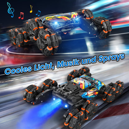 AYIQUTY Remote Control Car, Remote Control Car for 3 4 5 6 7 8 9 10 years old, 8WD Stunt and Hand Control, RC Drift with LED Light, Music, and Spray, RC Toy Gift for 3-12 years old boys