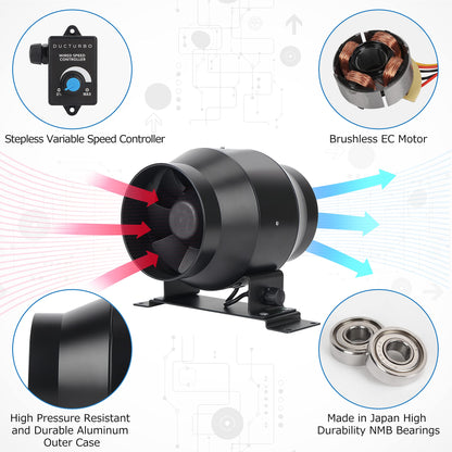 DUCTURBO duct fan 100mm adjustable, 275m³/h inline duct fan exhaust fan ideal tube fan for grow tents, ventilation, and exhaust fans, lightweight, matte black