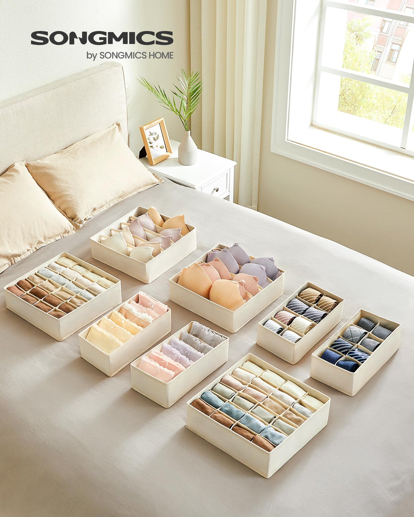 SONGMICS Underwear Organizer 8-pack, foldable drawer organizer, wardrobe organization system, storage box for bras, socks, ties, beige RUS008M01.