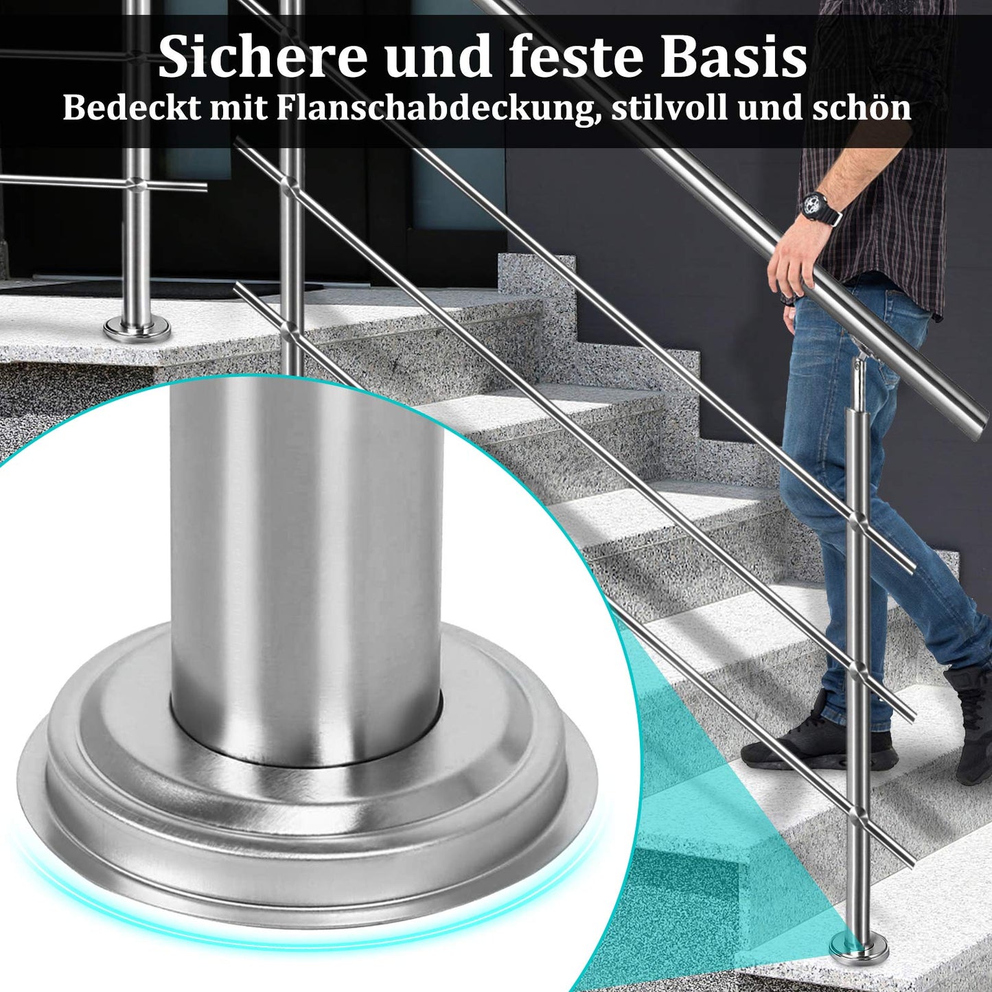 Auf un Stainless Steel Handrail 150cm Staircase Railing Inside and Outside with 2 Posts for Stairs, Balustrade, Balcony (150cm, 0 Crossbars)