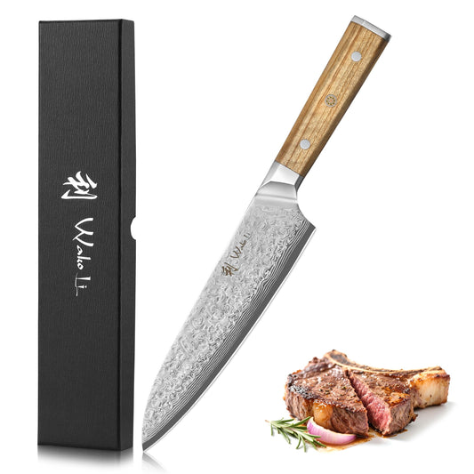 Wakoli Oribu Kiritsuke Knife 20 cm - Kitchen knife made of 67 layers - Damascus knife with VG10 core, extra sharp, olive wood handle, versatile for meat, fish, vegetables, gift box, full tang knife sharp