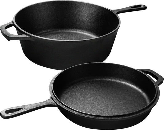 KICHLY Pre-Seasoned Dutch Oven Fire Pot - Dual Function Roaster Cast Iron Pot - Cast Iron Skillet for Stove & Camping, for outdoor & indoor use - 3L/3.2 Quart Cooking Set (2 in 1)