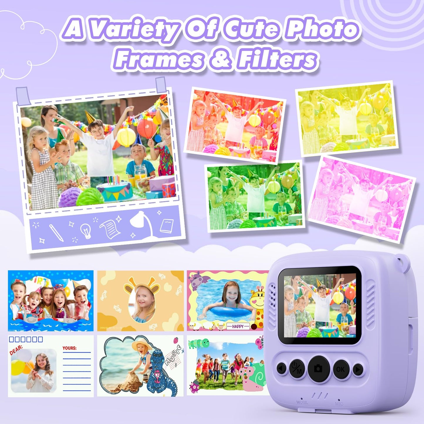 CalineGam Kids Camera Instant Camera, 48MP Instant Camera for Kids with 32GB Card & Printing Paper, 1080P Digital Camera for Kids, Gifts for Boys and Girls 3-12 Years (Purple)