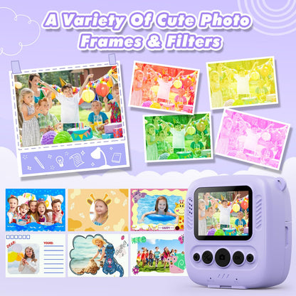CalineGam Kids Camera Instant Camera, 48MP Instant Camera for Kids with 32GB Card & Printing Paper, 1080P Digital Camera for Kids, Gifts for Boys and Girls 3-12 Years (Purple)