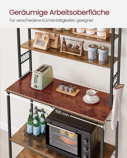 VASAGLE Kitchen Shelf, shelving unit, microwave shelf, standing, 6 shelves, 6 hooks, steel frame, industrial design, 40 x 100 x 167 cm, vintage brown-ink black KKS039K01