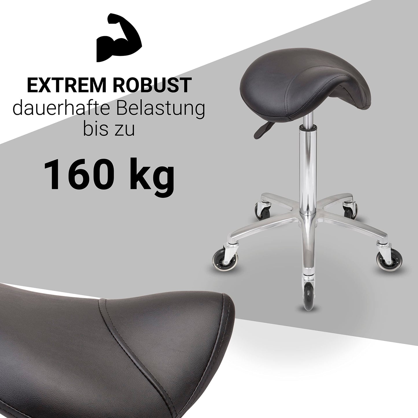 Staboos rolling stool up to 160 kg - saddle seat with gel padding - practical stool (premium wheels) swivel stool adjustable in height (55 cm to 75 cm) saddle stool