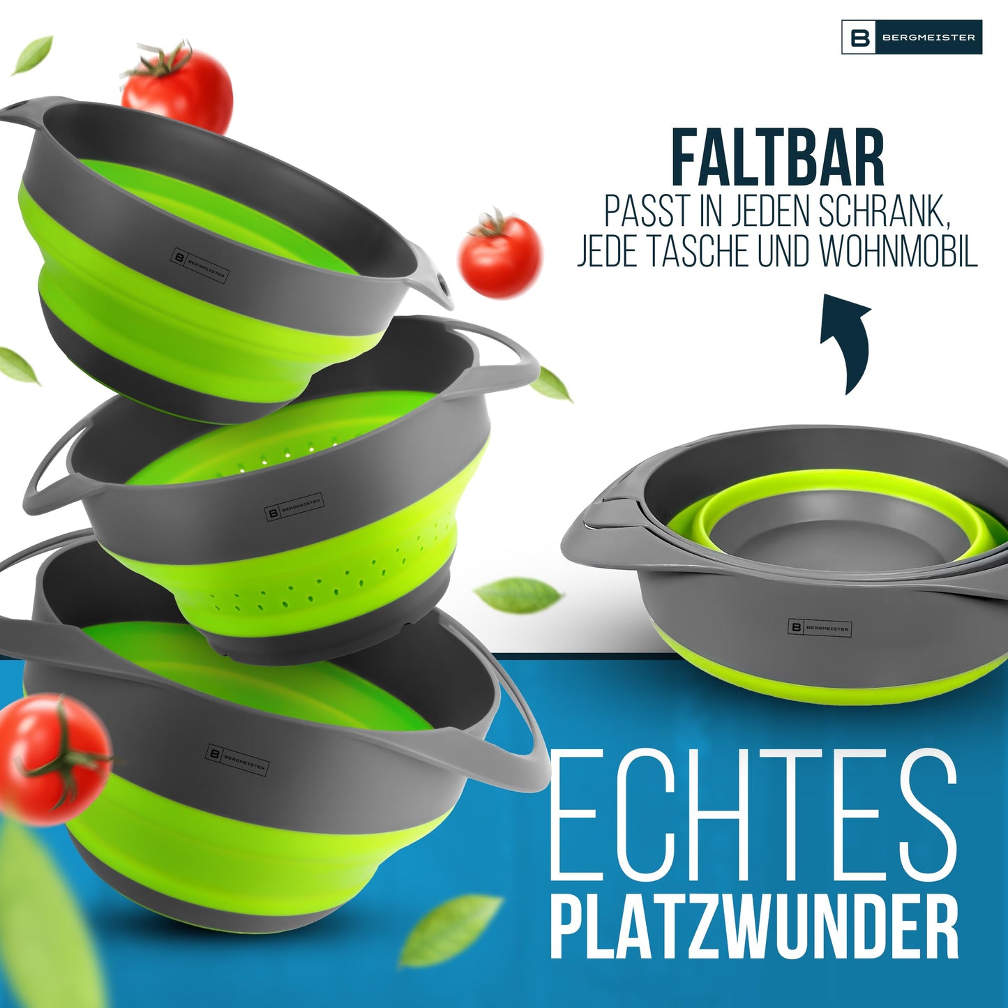 Bergmeister® Foldable Bowl Set 3in1 with Colander 1.7L / 2.8L Multifunctional Dishwasher Safe Space-saving for every home and outdoor camping kitchen