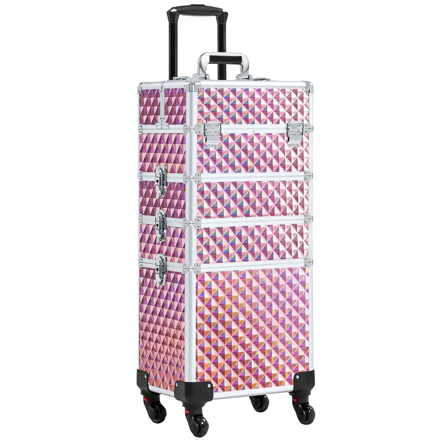 Yaheetech 4-in-1 Cosmetic Case, Trolley Makeup Case, Large Beauty Case, Lockable Multifunctional Hairdressing Case with Wheels and Drawer, Glittery Pink