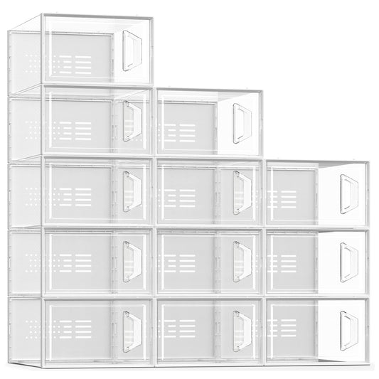 SEE SPRING 12-Pack Shoe Storage Boxes, Shoe Organizer for Closet, clear Plastic, Stackable Shoe Bins, Foldable Sneaker Container, Garbage Bin Holder (clear)