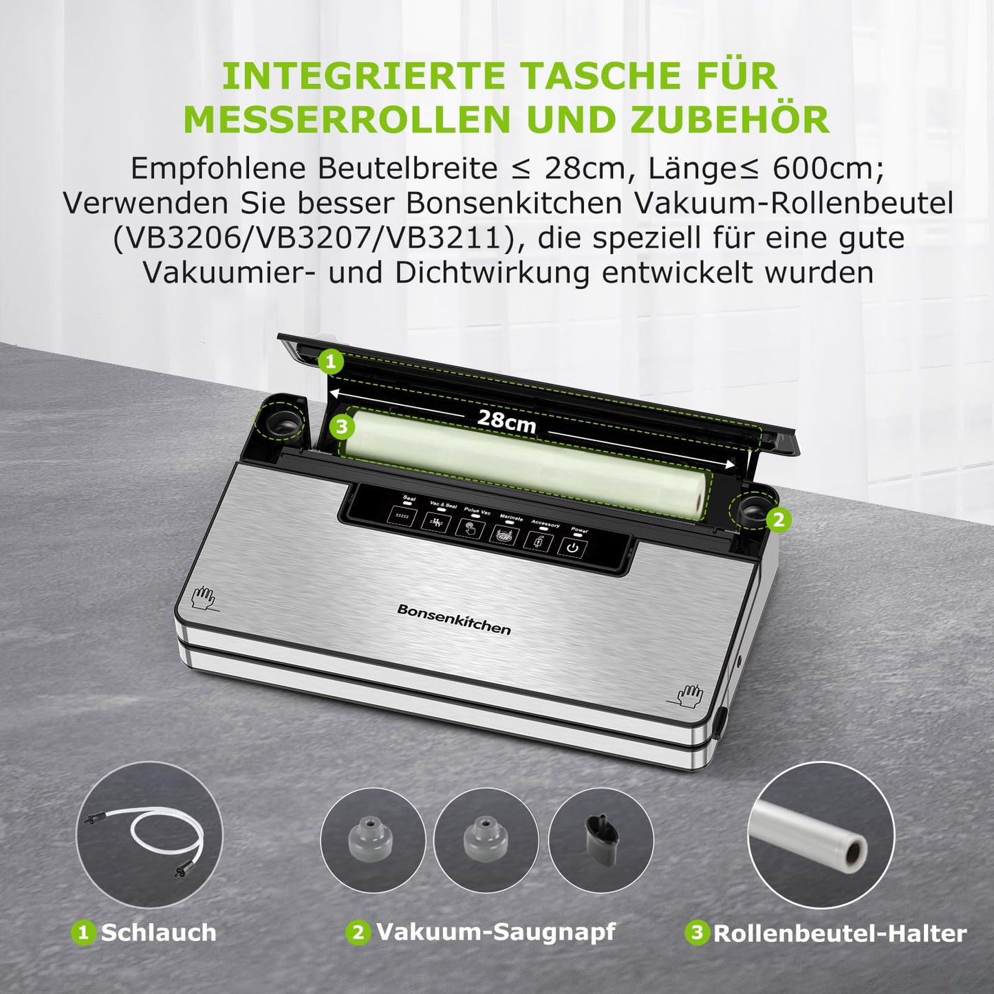 Bonsenkitchen Vacuum Sealer, Strong Vacuum Sealer with 5 Modes, 8 L/Min, Globefish Technology for Continuous High-Speed Operation, Includes 100 Vacuum Bags and 1 Roll Bag.