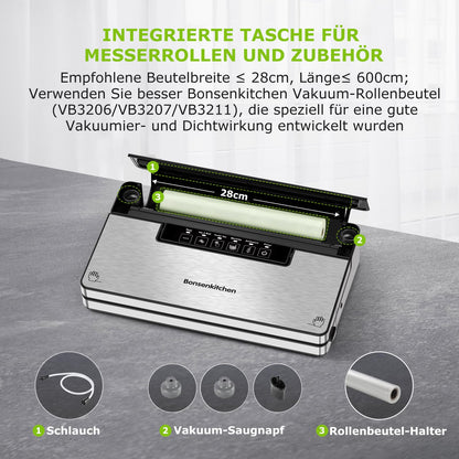 Bonsenkitchen Vacuum Sealer, Strong Vacuum Sealer with 5 Modes, 8 L/Min, Globefish Technology for Continuous High-Speed Operation, Includes 100 Vacuum Bags and 1 Roll Bag.