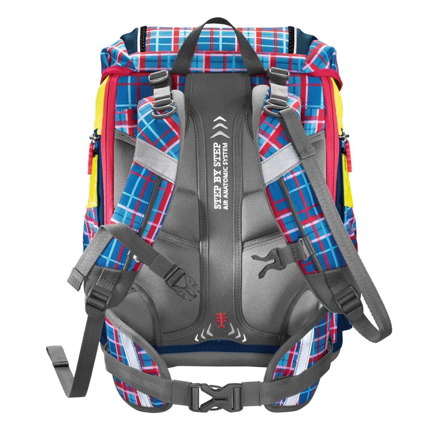 Step by Step School Backpack Set 2IN1 DIN "Horse Family" 4 pieces, blue-red, horses, ergonomic backpack with reflectors, adjustable height with hip belt for girls from 1st grade, 19L