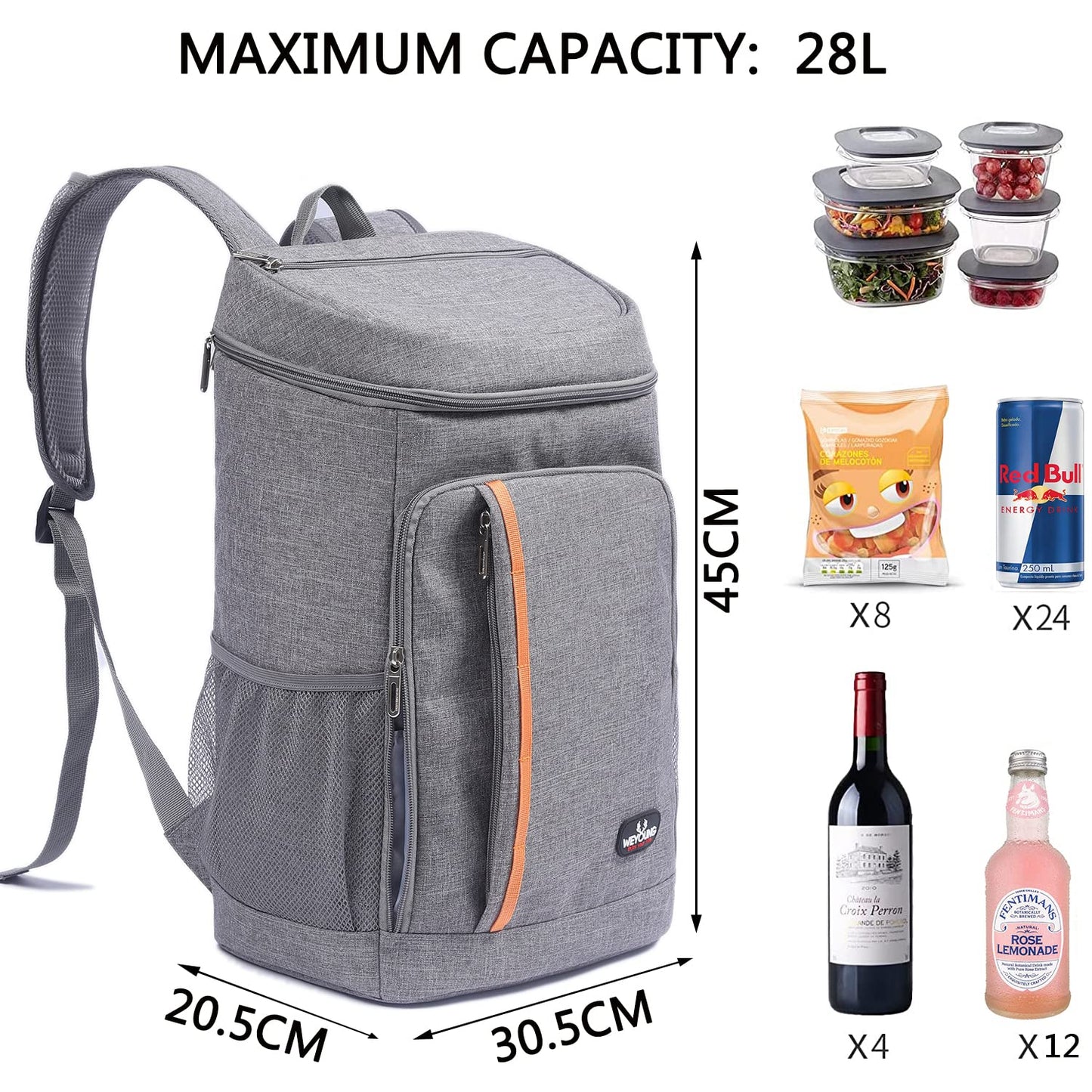 MCXKJ 28L Cooler Backpack, Insulated Cooler Bag for Men and Women for Beach, Picnic, Camping, Grill, BBQ, Hiking (Grey)