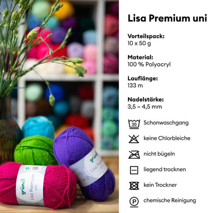 Gründl Wool Lisa Premium solid - 10 x 50 g - Yarn for crocheting - Yarn for knitting - 100% Polyacrylic - Soft & easy to care for - Needle size 3.5-4.5 - Baby pink