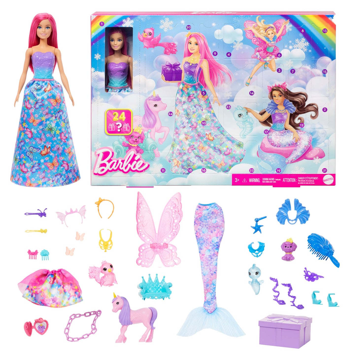 Barbie Advent calendar with doll and 24 surprise accessories including unicorn and 3 animals. The fashion doll with pink hair can transform into a mermaid, fairy, and more.