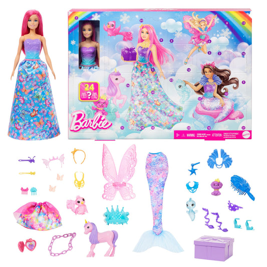 Barbie Advent calendar with doll and 24 surprise accessories including unicorn and 3 animals. The fashion doll with pink hair can transform into a mermaid, fairy, and more.