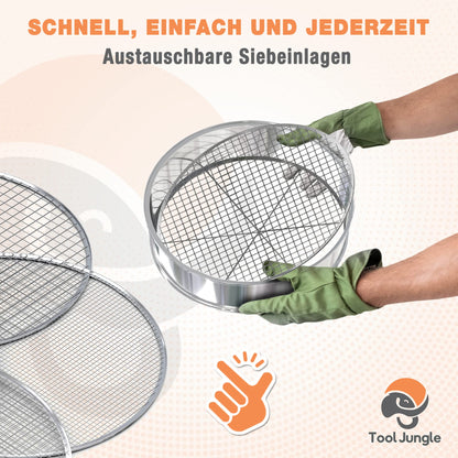 Tool Jungle- Stainless steel garden sieve - includes 5 sieve inserts Ø 3.5, 8, 9, 12mm - Compost sieve weatherproof - with additional crossbar for more stability.