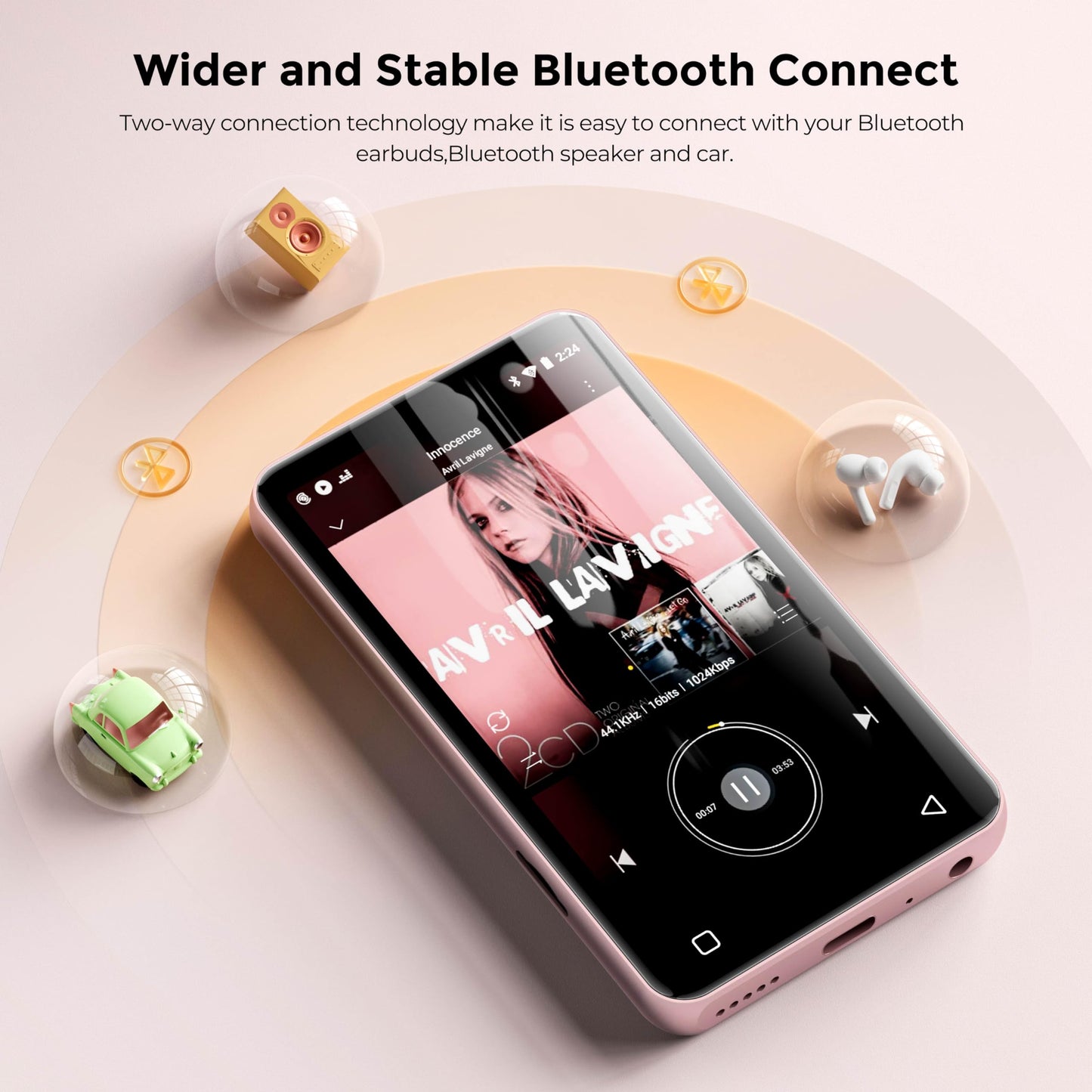 160G Spotify MP3 player with Bluetooth, Innioasis Mp4 player featuring Audible, Deezer, Hi-Fi 4-inch touchscreen music player with Wi-Fi (Pink)