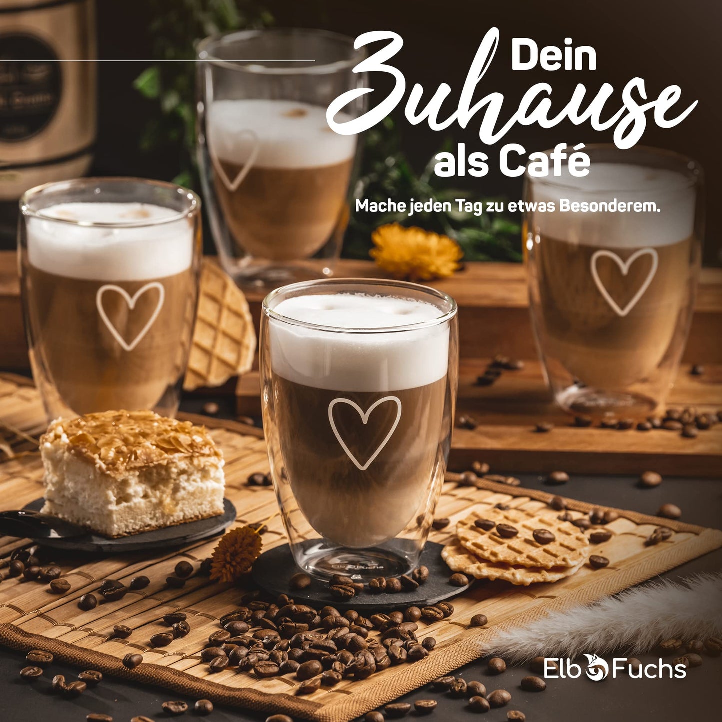 ElbFuchs® Latte Macchiato glasses double-walled [4x 350ml] GIFT IDEA with HEART | Crystal clear thermal glasses double-walled | Ideal for cappuccino glasses | Coffee glasses | Tea glasses