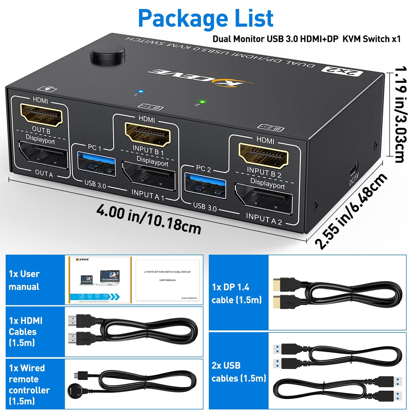 DP + HDMI KVM switch for 2 computers and 2 monitors. KCEVE dual monitor DisplayPort USB 3.0 KVM switch supports 4K@60Hz for sharing keyboard, mouse, and monitor between 2 computers.