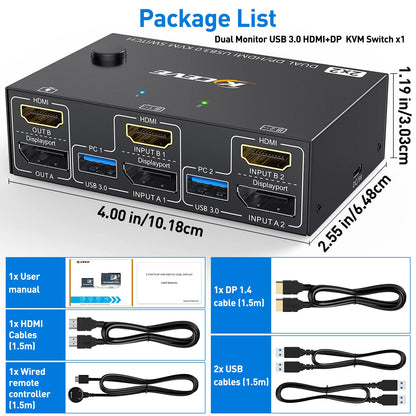DP + HDMI KVM switch for 2 computers and 2 monitors. KCEVE dual monitor DisplayPort USB 3.0 KVM switch supports 4K@60Hz for sharing keyboard, mouse, and monitor between 2 computers.