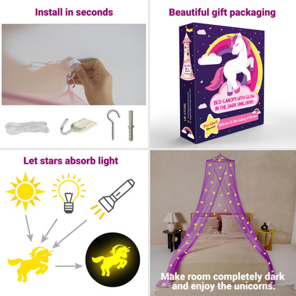 Purple bed canopy with pre-glued glowing unicorns - Violet princess mosquito net for girls' room decoration - Canopy curtains for children and baby beds.