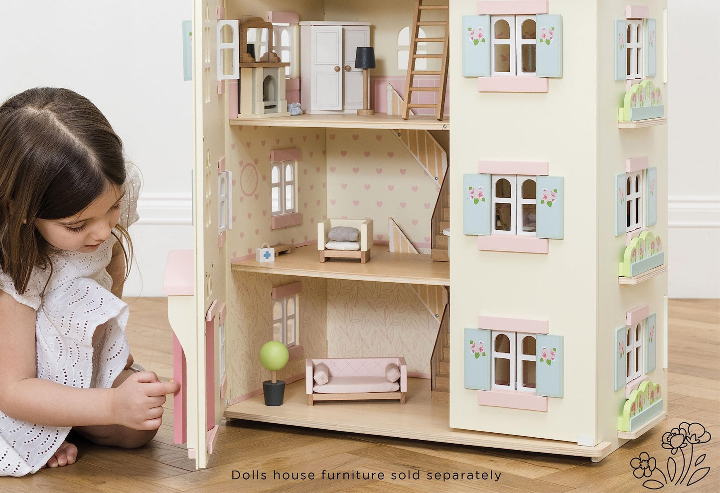 Le Toy Van - Cherry Tree Hall large wooden dollhouse | Wooden dollhouse play set with 4 floors for girls & boys - Suitable for children aged 3 years and above H150