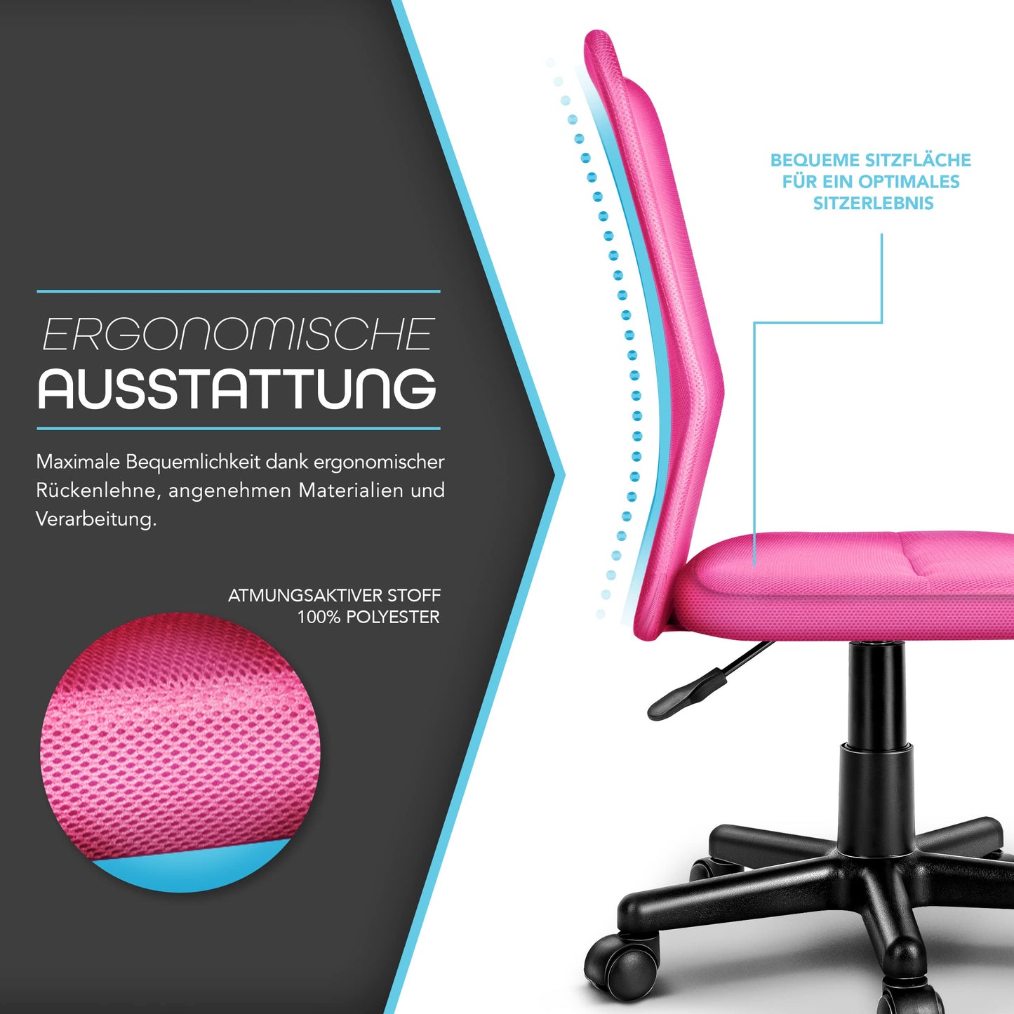 TRESKO office chair desk chair swivel chair, available in 7 color variations, with plastic castors, infinitely height-adjustable, padded seat, lift SGS tested (Pink)