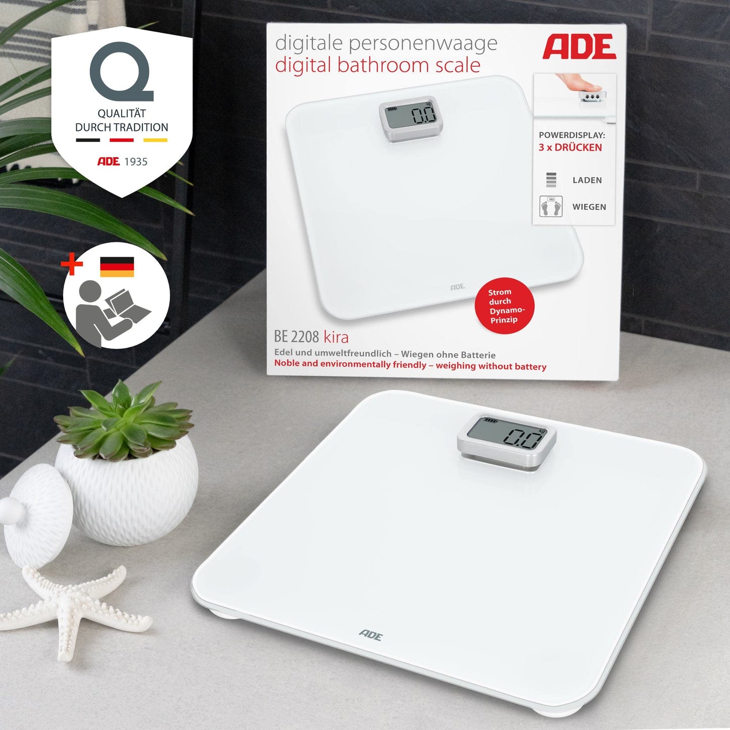 ADE Digital Personal Scale without Batteries | Environmentally friendly battery-free scale with dynamo | Sustainable body weight scale | up to 150kg | White