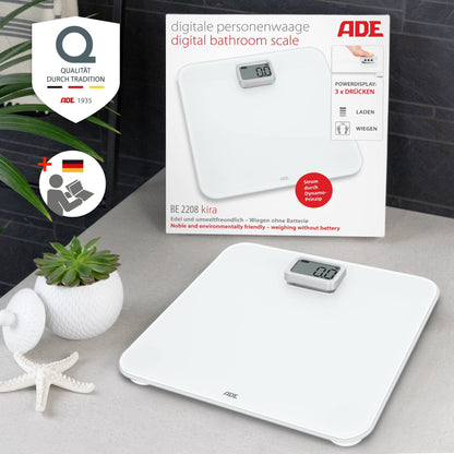 ADE Digital Personal Scale without Batteries | Environmentally friendly battery-free scale with dynamo | Sustainable body weight scale | up to 150kg | White