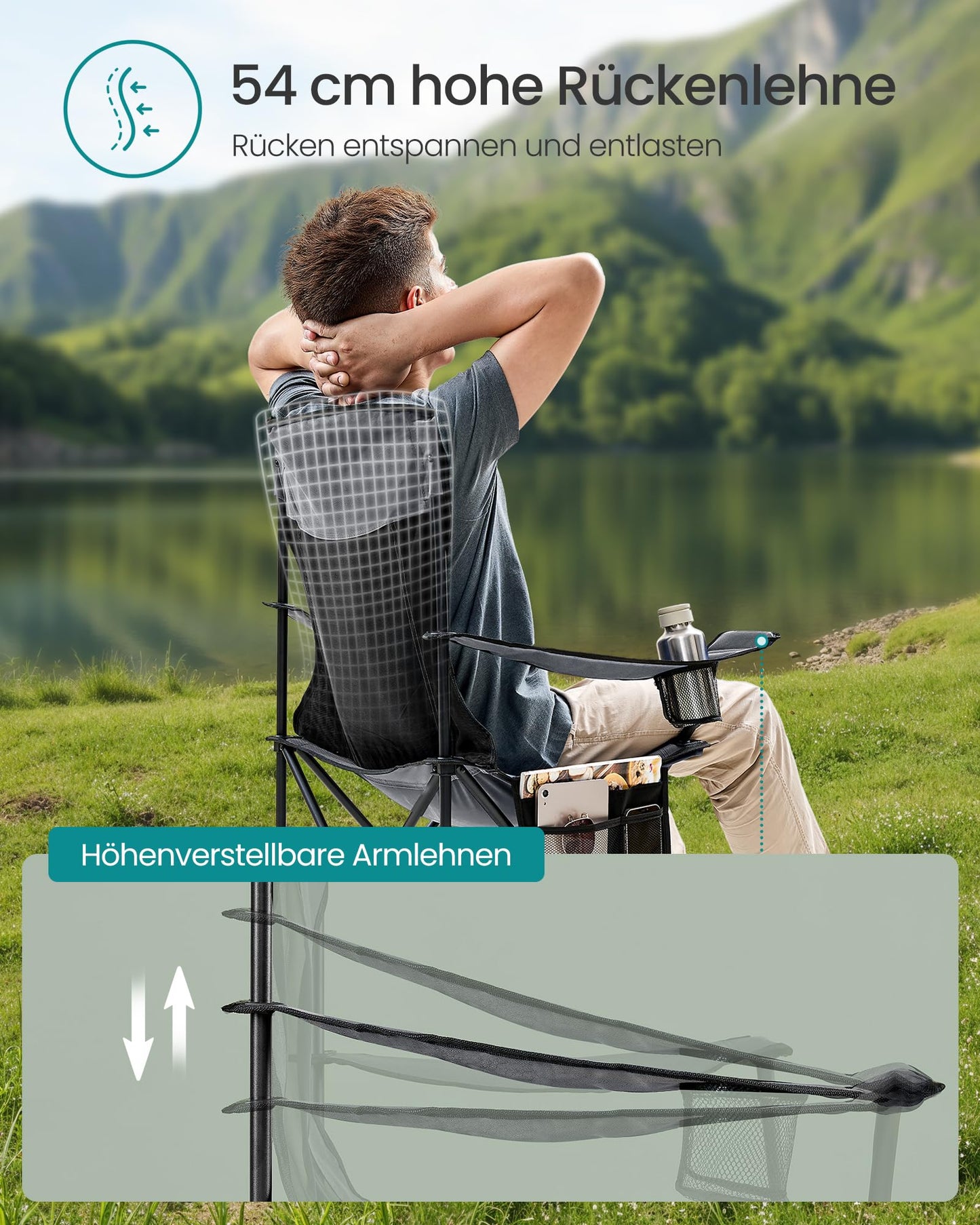 SONGMICS 2-pack camping chair, foldable outdoor chair, fishing chair, high backrest, adjustable armrests, drink holder, up to 150 kg load capacity, camping garden, slate grey GCB028G01