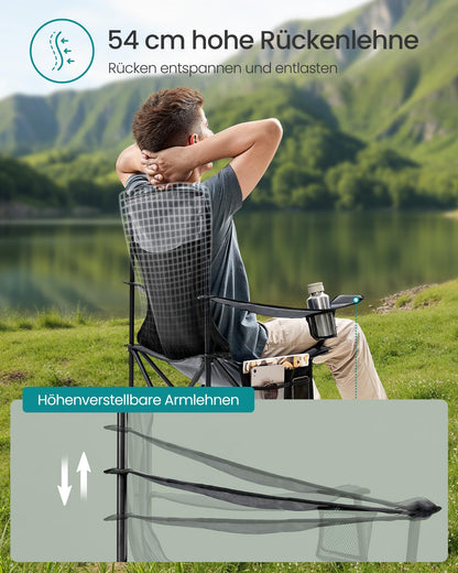 SONGMICS 2-pack camping chair, foldable outdoor chair, fishing chair, high backrest, adjustable armrests, drink holder, up to 150 kg load capacity, camping garden, slate grey GCB028G01