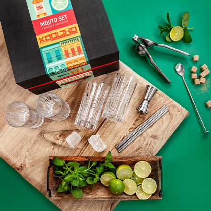 Mojito Glass Set Cocktail Gift Set, Gift Cocktails Glass 4 Piece Set Accessories Lemon Squeezer, 4 Stainless Steel Straws Measuring Cup Spoon Gift Box, Gifts for Women Men