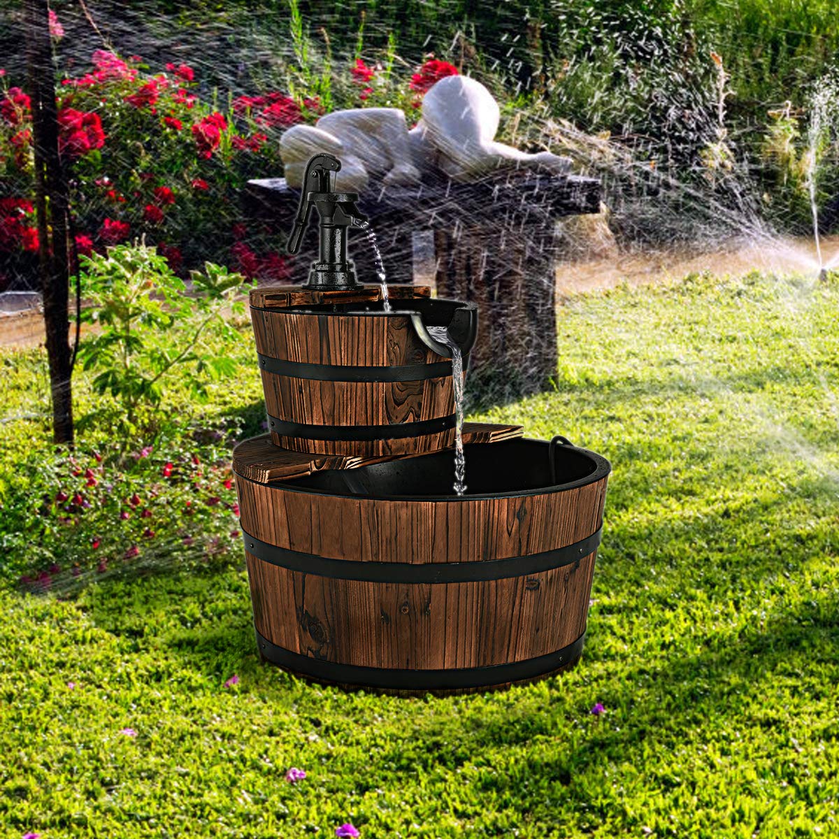 COSTWAY Wooden Fountain, Garden Fountain with Pump, Wood Barrel Ornamental Fountain, for Garden Lawn Terrace Backyard, Fountain Garden Decoration, Brown, Ø 44.5 x 61 cm