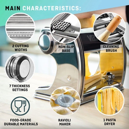 Manual pasta machine with dryer - Multi-Pasta Stainless Steel Rustproof Italian flat pasta machine 7-stage adjustable, sharp blade clamp - Fresh homemade noodles, spaghetti, lasagna
