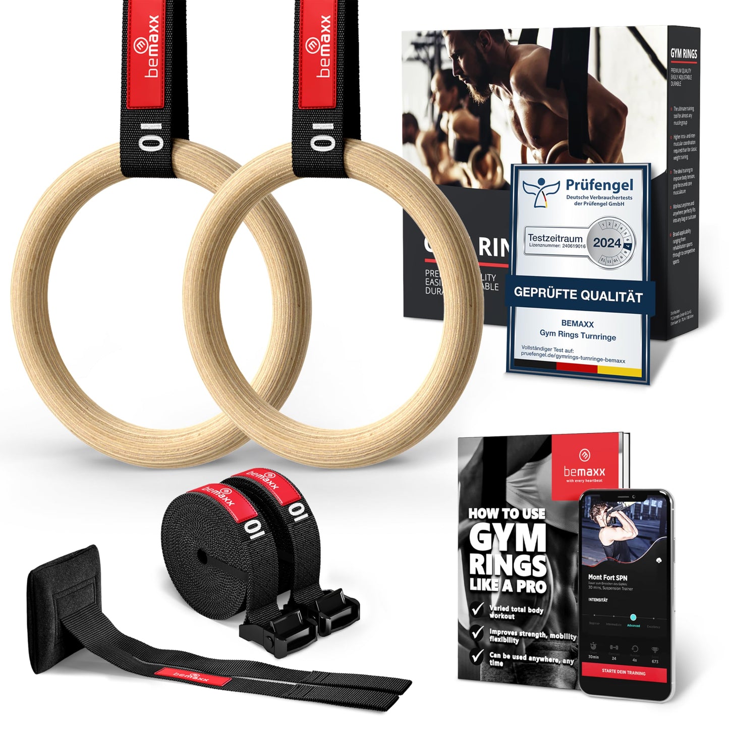 BeMaxx Wooden Gymnastic Rings + Door Anchor & Training eBook - Olympic Gymnastic Wooden Rings & Straps + Markings | Gymnastic Rings Fitness Rings Workout Sport | Men Women