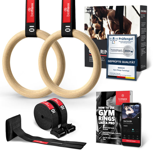 BeMaxx Wooden Gymnastic Rings + Door Anchor & Training eBook - Olympic Gymnastic Wooden Rings & Straps + Markings | Gymnastic Rings Fitness Rings Workout Sport | Men Women