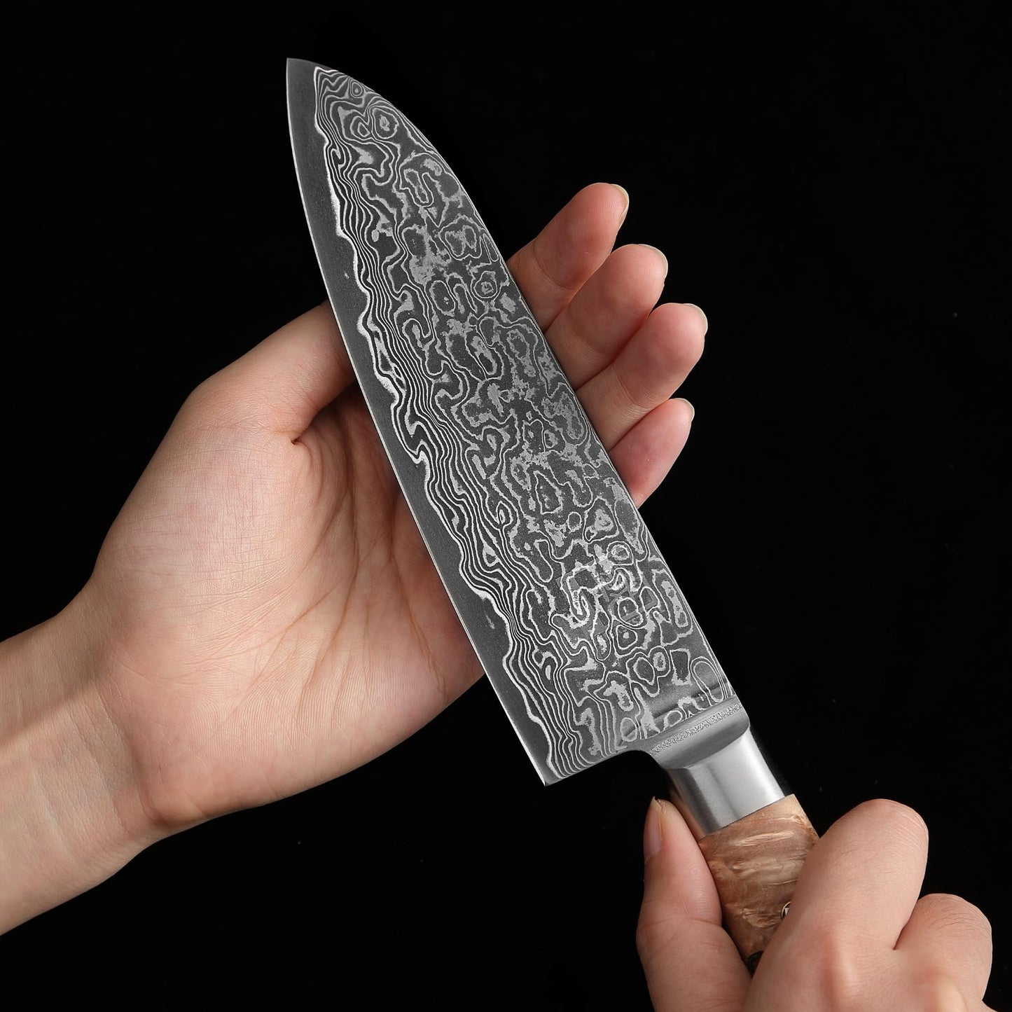 Zayiko Damascus Santoku Knife Blade 17 cm I made of 67 layers I Damascus kitchen knife made of real black Damascus steel with birch root wood handle Kinone series