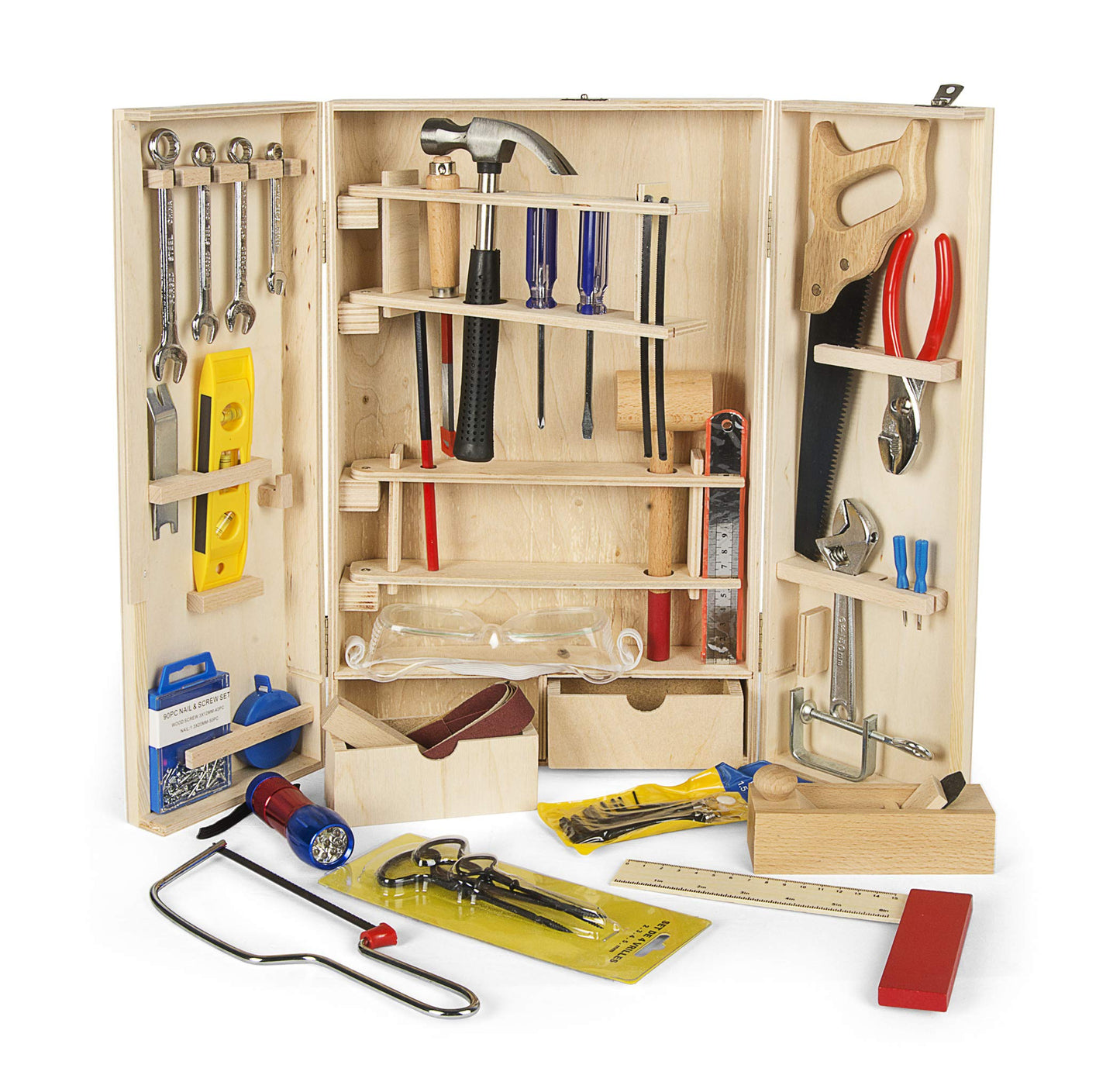 Leomark Deluxe Wooden Toolbox for Kids - 50 piece tool set, compact tool case, wooden cabinet with accessories, wooden box with metal accessories.