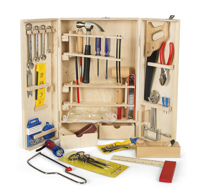 Leomark Deluxe Wooden Toolbox for Kids - 50 piece tool set, compact tool case, wooden cabinet with accessories, wooden box with metal accessories.