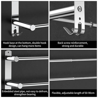 Towel rack Extendable 43-78CM without drilling Stainless steel double towel bar Bathroom Wall adhere bath towel holder wall mount (Silver 3-Bar)