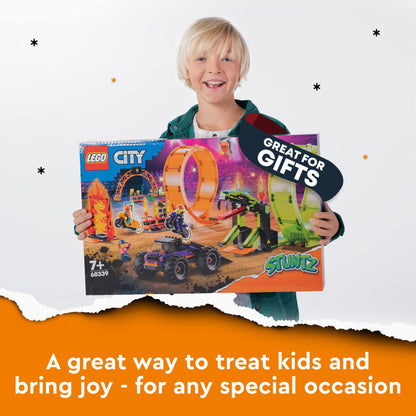 LEGO 60339 City Stuntz Stunt Show Double Loop Set, includes ramp, monster truck, 2 motorcycles, and 7 minifigures. Toy for kids ages 7 and up.
