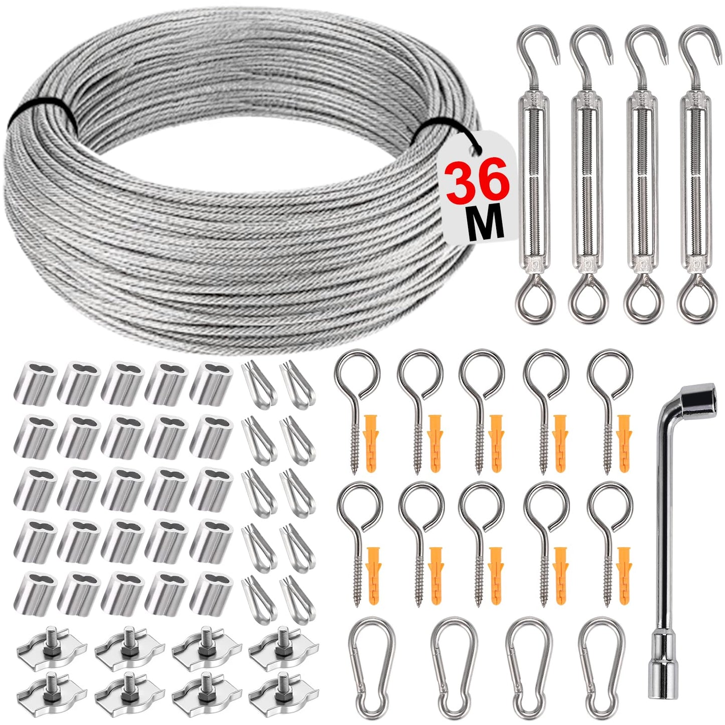 Philtool 73Pcs Wire Rope Kit, 36M Stainless Steel Wire Rope 3mm, 304 Steel Rope Encased with Eyelets Wire Rope Set for Fences, Outdoor Lights, Clothesline, Curtain Wire