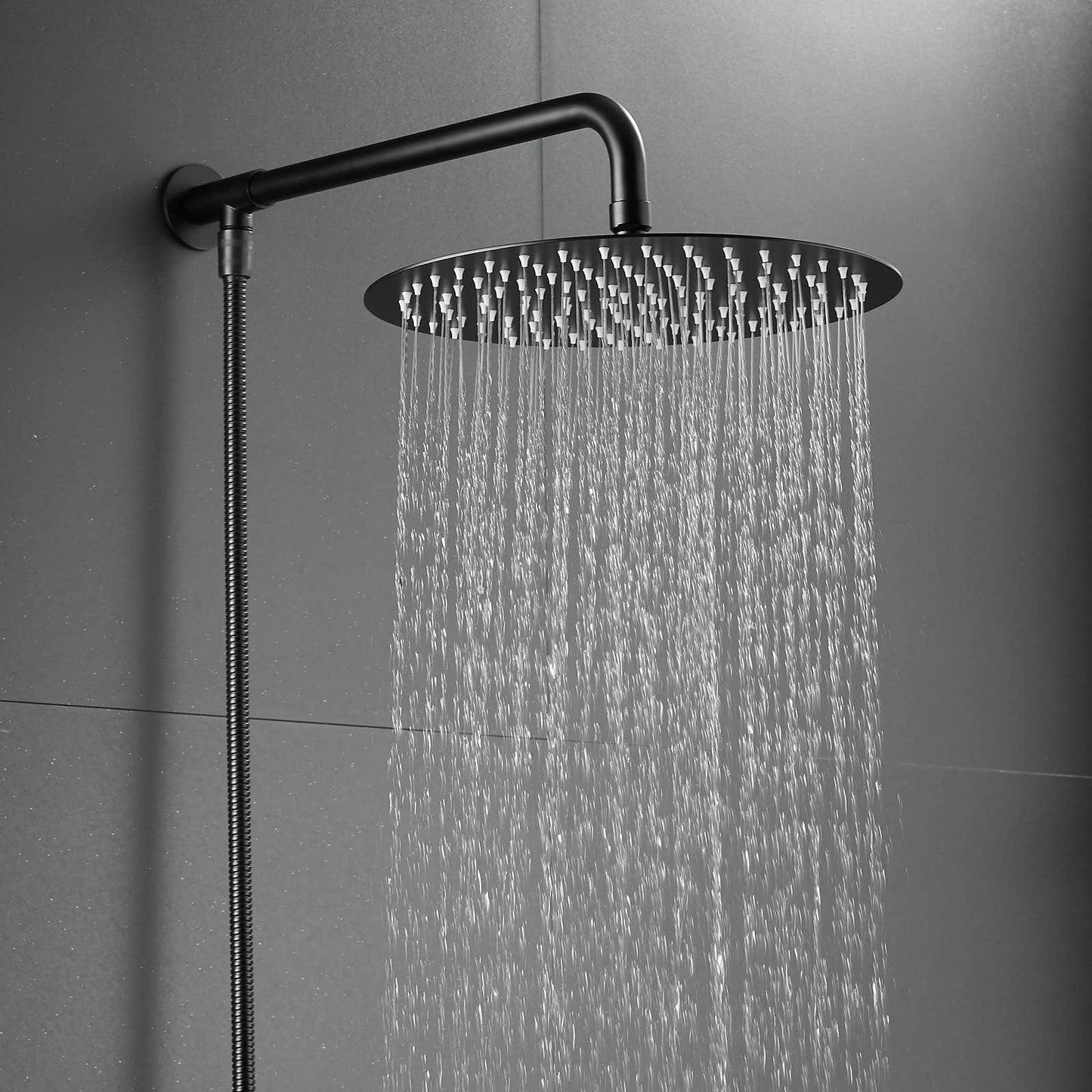 Matte black shower head rain shower with shower arm and hose, 25 cm