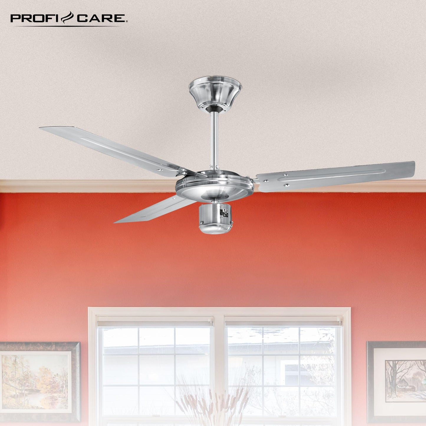 ProfiCare ceiling fan PC-DVL 3071, 3-blade fan for rooms up to 25 m², 4 power levels, reverse function for summer and winter operation, 122cm diameter, 60 watts, stainless steel.