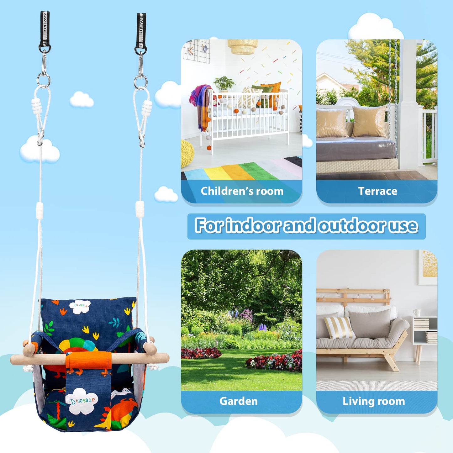 Katomi swing for baby kids with safety belt stainless steel carabiner soft cushion up to 50kg permissible length adjustable CE environmental fabric dinosaur pattern for garden indoor outdoor